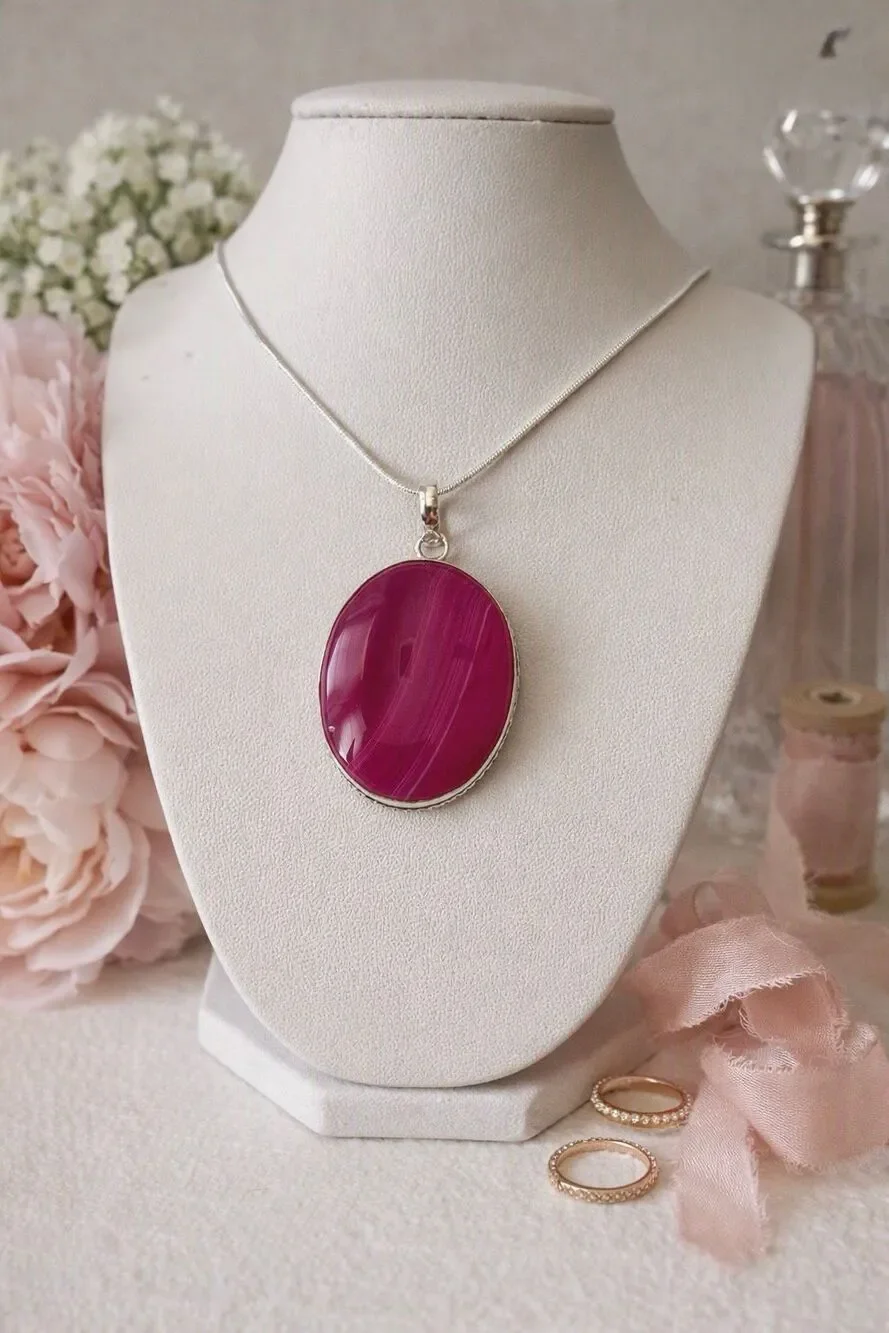 Pink Botswana Banded Agate Silver Necklace Boho Oval  Pendant Jewelry Gift New